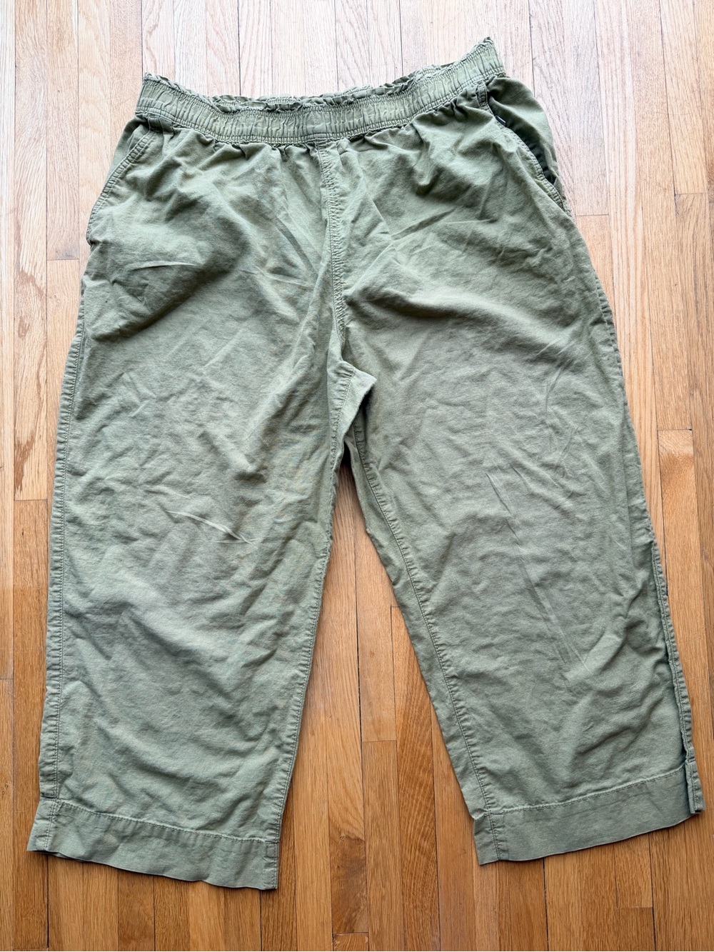 H&M Sage Green Olive High Waisted Wide Leg Cropped Pants Linen Cotton Blend XL
